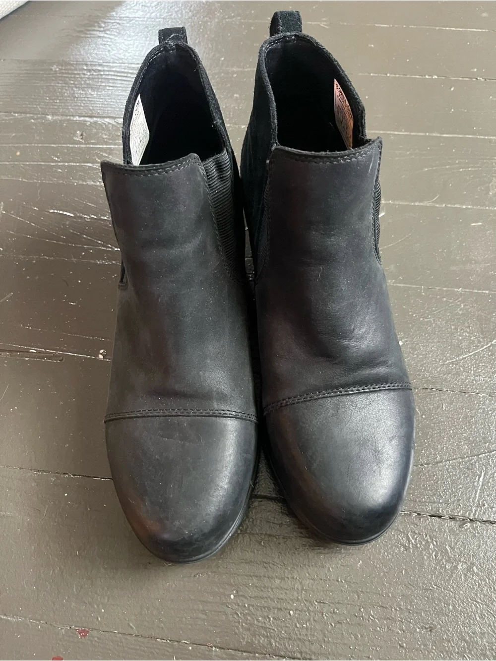 Sorel Evie Black Leather Pull On Boots with Brown Lug Sole